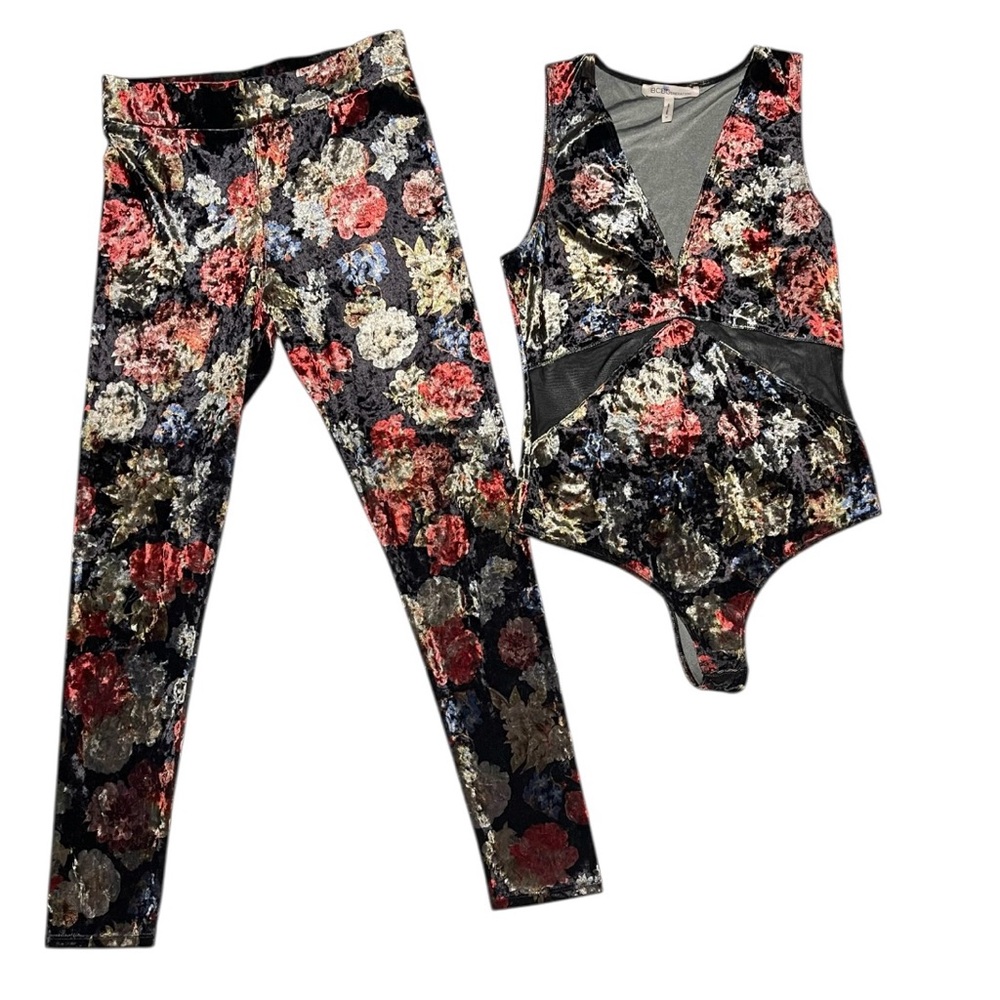 BCBGENERATION FLORAL CRUSHED VELVET & MESH BODYSUIT AND LEGGINGS SET WOMENS M
